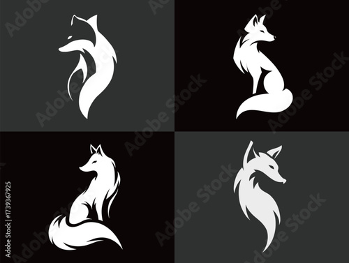 Four creative representations of foxes show elegant white silhouettes contrasting with dark surfaces. Each design highlights unique poses and forms of these animals.