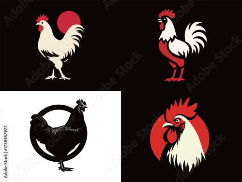 Four distinct rooster designs are showcased, featuring various colors and styles. Each rooster has a unique pose and artistic flair against a solid black background.