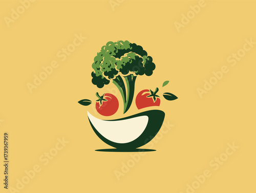 A vibrant graphic shows a bowl containing broccoli and red tomatoes against a yellow background, representing fresh produce and healthy eating.