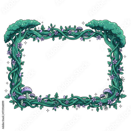 Enchanted forest border with whimsical trees, vines, flowers, and mushrooms.