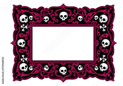 Ornate black and pink frame with skulls and crossbones, designed for gothic or Halloween themes.