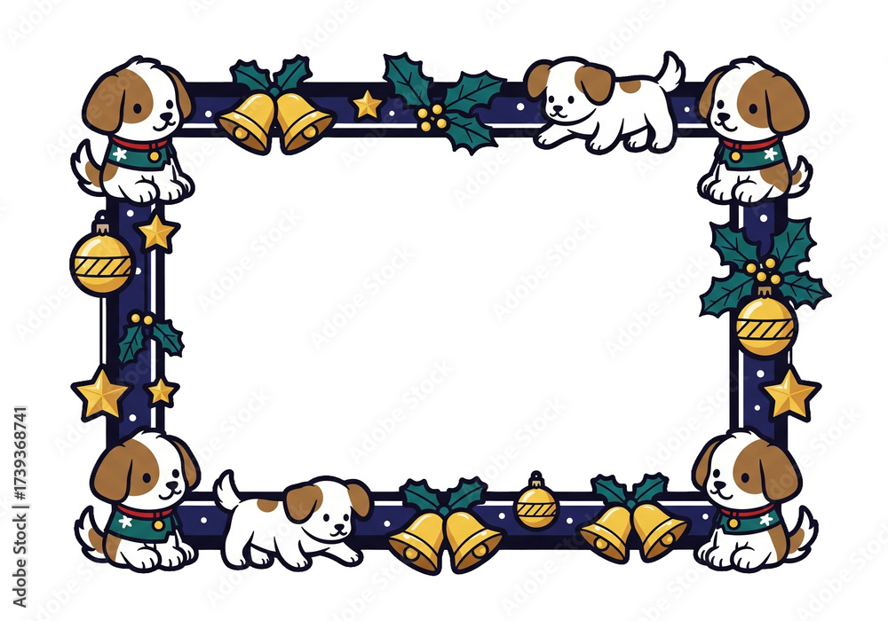 Fototapeta premium Cute Christmas dog frame with bells and holly
