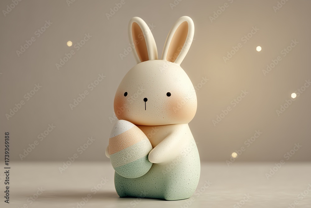 Obraz premium Cute bunny figure holding an Easter egg with soft colors and a simple background for a festive atmosphere