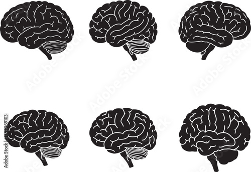 Six stylized black and white silhouette illustrations of human brains in profile view