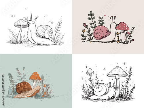 Four separate artistic representations of snails depict them in different styles with surrounding plants and mushrooms. Each scene showcases a unique color palette.