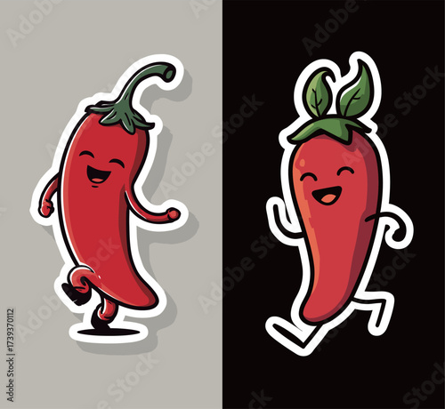 Two cartoon chili peppers with smiling faces are dancing joyfully. One is on a light background, and the other is on a dark background. They exude a fun and lively vibe.