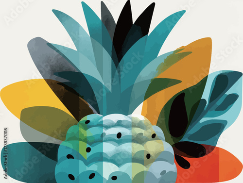 A vibrant and colorful abstract design featuring a pineapple surrounded by tropical leaves. The artwork adds a lively touch to any space and celebrates nature.