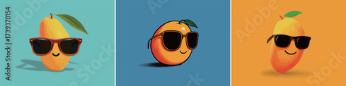 Three cheerful cartoon fruits are wearing sunglasses against vibrant backgrounds. The mango, orange, and another mango bring a playful and sunny vibe to the scene.