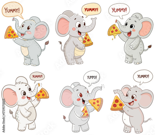 Elephants eating pizza with yummy expressions in a fun food themed vector illustration