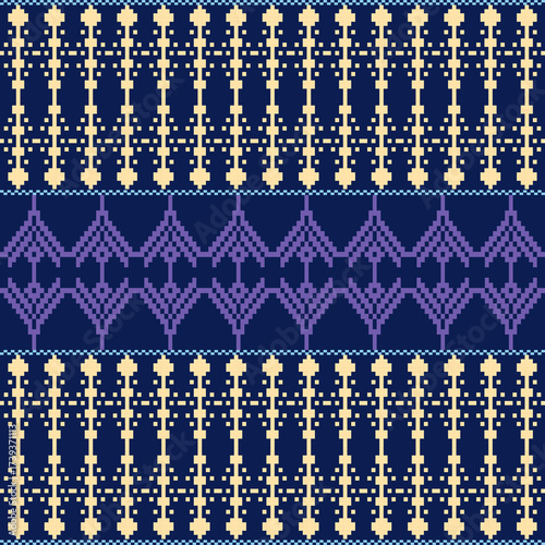 Blue-Purple Tone Traditional Embroidery Art Abstract with Pixel Art Designs for Textile Print