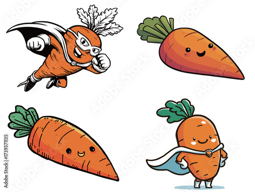 Four colorful cartoon carrots display unique designs, featuring a superhero carrot, a cute happy carrot, and others. The characters are lively and enjoyable for all ages.