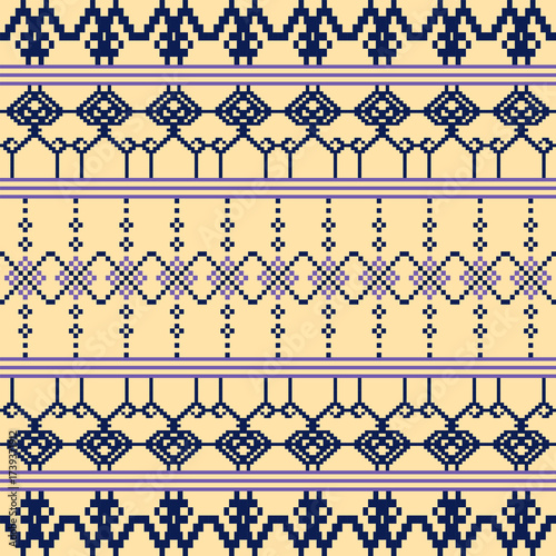 Blue-Purple Tone Traditional Embroidery Art Abstract with Pixel Art Designs for Textile Print
