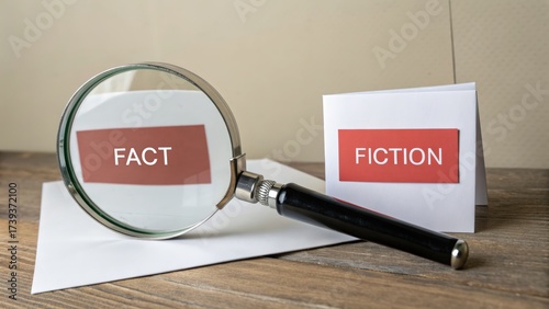 Exploring the concept of truth with magnifying glass and cards representing fact and fiction