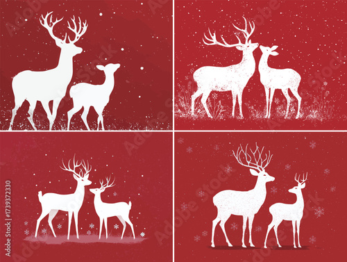 Four reindeer silhouettes are set against a vibrant red background. The graceful animals are depicted in various poses, embodying holiday cheer and winter wonder.