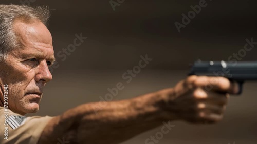 competitive marksman poised to take shot at bullseye with bright expression of satisfaction on their face