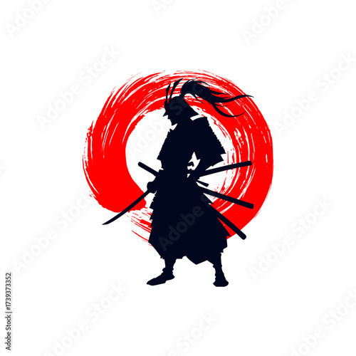 Silhouette of a samurai warrior with swords in front of a red sun symbol