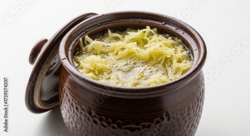 Traditional ceramic crock filled with fermented cabbage, lid slightly open. Homemade sauerkraut in brine. Healthy probiotic food for gut health concept