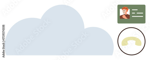 Cloud graphic, user card with photo and details, phone receiver. Ideal for data storage, identity verification, communication, technology, networking telecommunication security. Simple flat