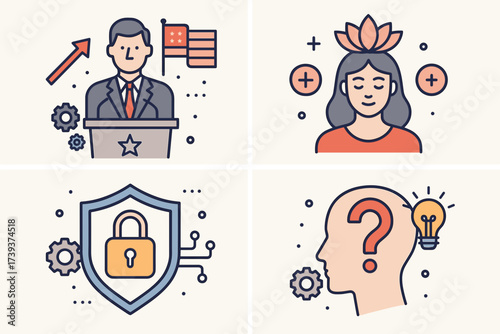 Political Control and Data Security Icons — Government Influence, Mind Manipulation, Cyber Protection, Economic Growth