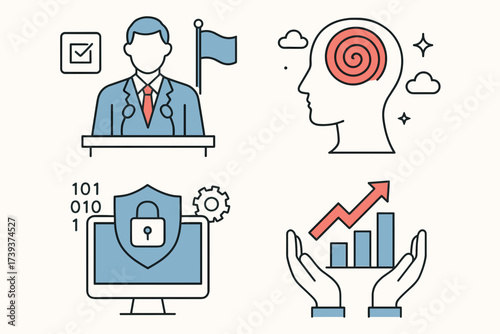 Political Control and Data Security Icons — Government Influence, Mind Manipulation, Cyber Protection, Economic Growth