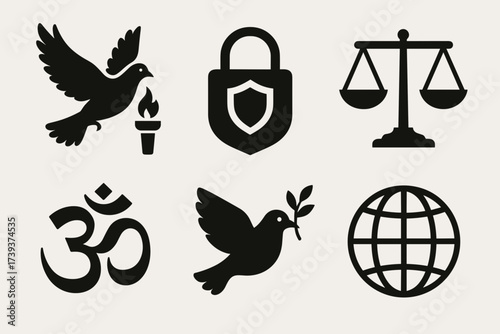 Peace and Harmony Symbols Set — Dove, Balance, Om, Globe, Freedom and Justice Icons