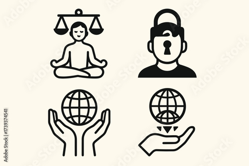 Peace and Harmony Symbols Set — Dove, Balance, Om, Globe, Freedom and Justice Icons