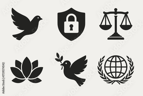 Peace and Harmony Symbols Set — Dove, Balance, Om, Globe, Freedom and Justice Icons