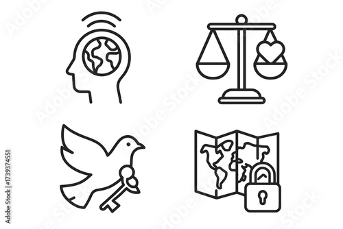 Peace and Harmony Symbols Set — Dove, Balance, Om, Globe, Freedom and Justice Icons