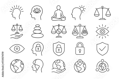 Mindfulness and Balance Icon Set — Meditation, Justice, Security, and Global Awareness