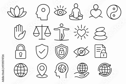 Mindfulness and Balance Icon Set — Meditation, Justice, Security, and Global Awareness