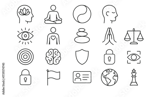 Mindfulness and Balance Icon Set — Meditation, Justice, Security, and Global Awareness