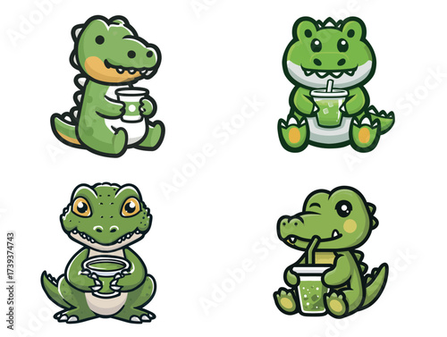 Four adorable cartoon dinosaurs are happily holding drinks. Each dinosaur has its own unique style and expression, showcasing fun and vibrant colors in a playful setting.