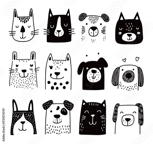 This artwork displays a grid of adorable dog and cat faces in black and white. Each animal has a unique expression, showcasing charm and playfulness.