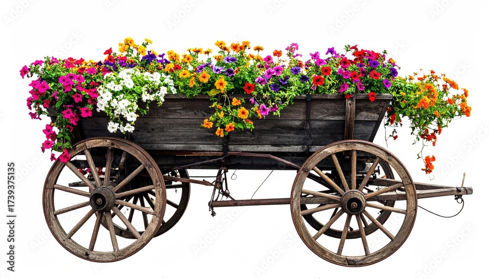 Fototapeta premium Antique wooden wagon overflowing with colorful flowers