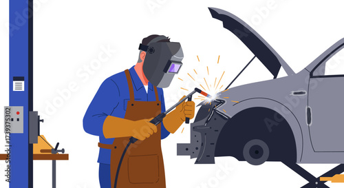 A mechanic welds a car wearing protective gear in an auto repair shop