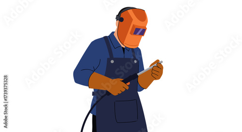 A person in welding gear holding a welding tool