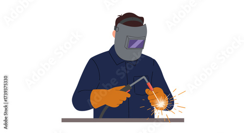 A person welds with a mask gloves and welding tool sparks flying