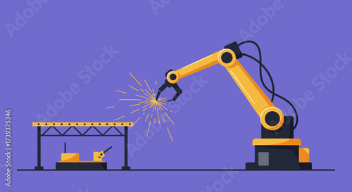 A robotic arm welds a metal structure sparks flying against a purple backdrop