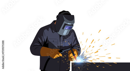 A welder in a protective mask working on a metal structure with sparks flying out