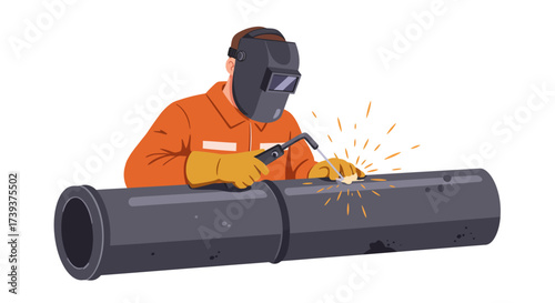 A welder in orange attire and mask welds a pipe sparks flying around the welding point