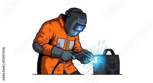 A welder in orange jumpsuit and dark mask welds metal with blue sparks and a dark machine