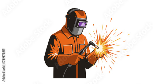 A welder in orange work gear wearing a dark mask sparks from tool creating a burst