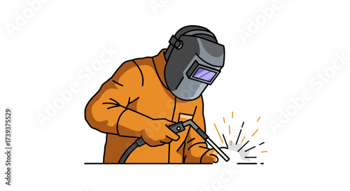 A welder in orange coveralls and a dark face shield is performing a welding task