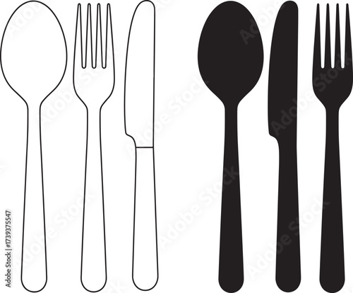 Set of cutlery including spoon fork and knife in silhouette and outline styles