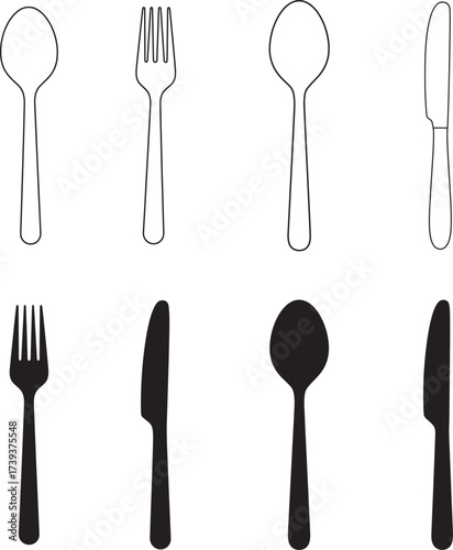 Set of eight stylized cutlery icons including spoons forks and knives in sketch and silhouette styles