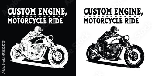 A dynamic illustration of a rider on a custom motorcycle, emphasizing the custom engine and the thrill of the ride, shown in contrasting black and white