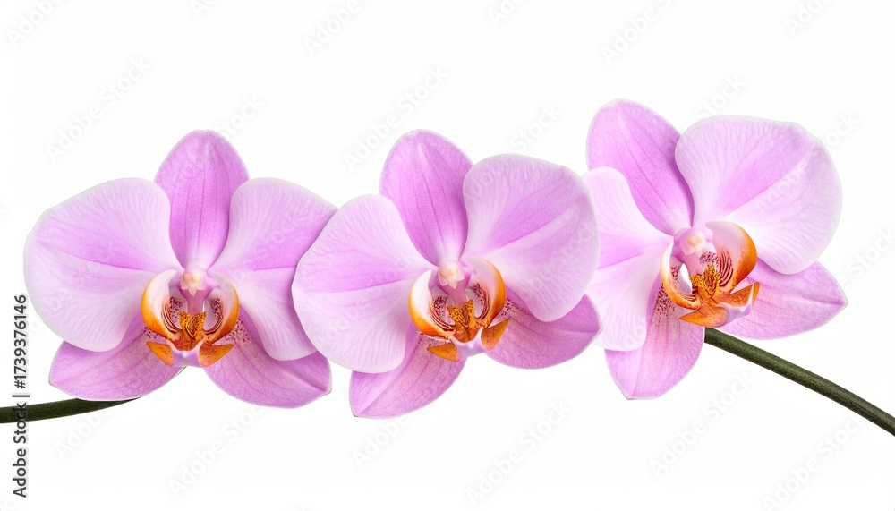 Obraz premium Three delicate pink orchids in a horizontal row against a white background