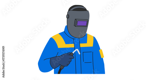 Cartoon welder in blue uniform and welding mask holding a welding torch