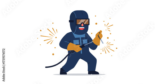 Cartoon welder in protective gear mask on welding with sparks