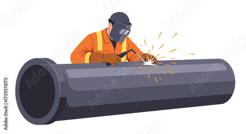 Cartoon welder in orange suit repairs gray pipe with sparks under a mask